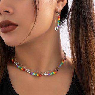 Set: Safety Pin Bead Alloy Necklace + Dangle Earring