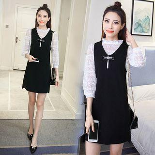 Set: 3/4 Sleeve Lace Blouse + Plain Tank Dress