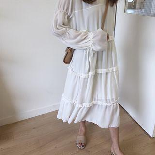 Long-sleeve Chiffon A-line Midi Dress White - One Size