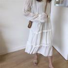 Long-sleeve Chiffon A-line Midi Dress White - One Size