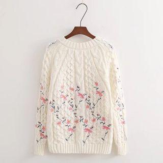 Floral Embroidered Cable-knit Long-sleeve Knit Top As Shown In Figure - One Size