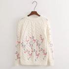 Floral Embroidered Cable-knit Long-sleeve Knit Top As Shown In Figure - One Size