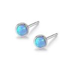 Sterling Silver Simple And Delicate Geometric Round Blue Imitation Opal Stud Earrings Silver - One Size