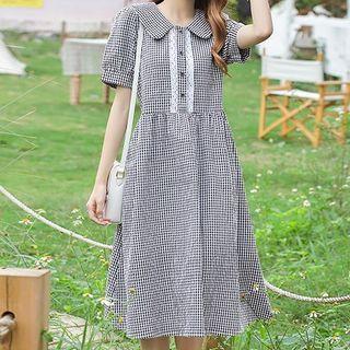 Short-sleeve Peter Pan Collar Plaid Midi Dress Skirt