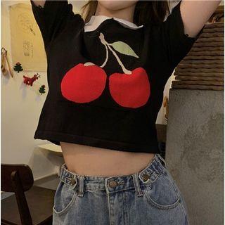 Cherry-print Crop Polo Top Black - One Size