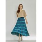 Slit-hem Plaid Pleated Skirt Blue - One Size