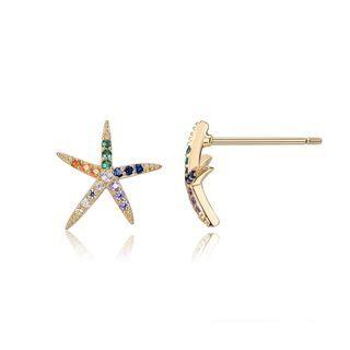 925 Sterling Silver Plated Gold Simple Starfish Stud Earrings With Austrian Element Crystal Golden - One Size