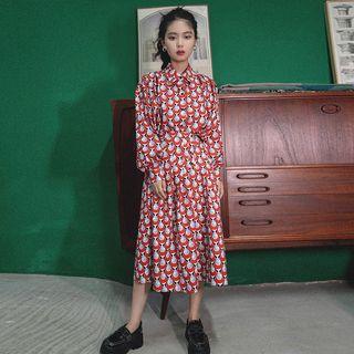 Long-sleeve Patterned Shirt / Midi A-line Skirt