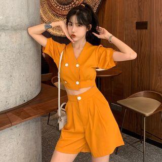 Set: Short-sleeve Double-breasted Cropped Blouse + High-waist Shorts