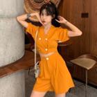 Set: Short-sleeve Double-breasted Cropped Blouse + High-waist Shorts