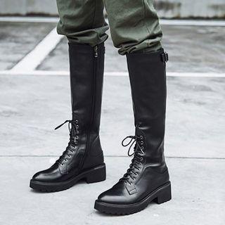 Genuine Leather Lace-up Tall Boots