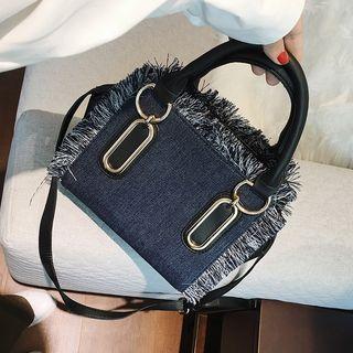 Denim Fray-trim Metal-accent Handbag