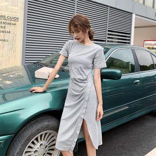 Asymmetric Slit-side Buttoned Sheath Dress