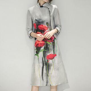 3/4-sleeve Print A-line Midi Dress