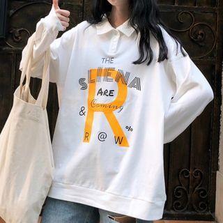 Lettering Long Sleeve Polo Sweatshirt