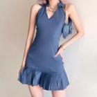 Halter-neck Collared Pleated Hem Mini A-line Dress
