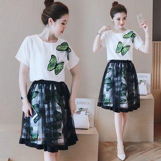 Set : Print Short-sleeve T-shirt + Tulle Skirt