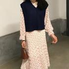 Long-sleeve Floral Print Midi Dress / Plain Knit Vest