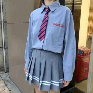 Embroidered Shirt / Tie / Pleated Mini Skirt / Set