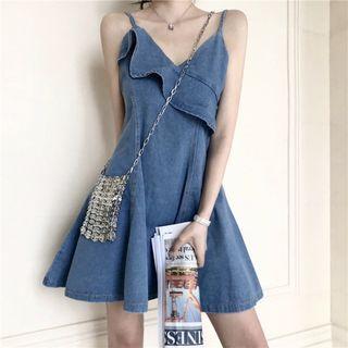 Denim Strappy Ruffle A-line Dress