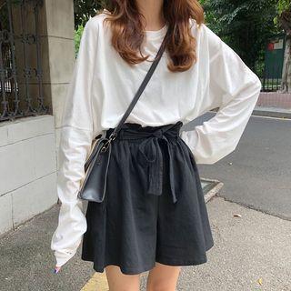 Long-sleeve T-shirt / Elastic Waist Shorts With Sash