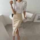 Faux-pearl Trim Slit-front Long Skirt
