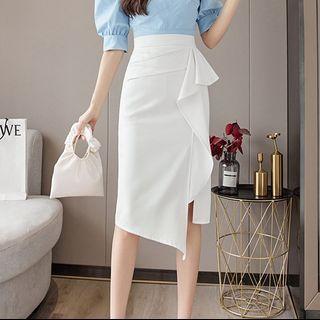 Ruffle Asymmetrical Midi Pencil Skirt