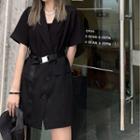Short Sleeve Notch Lapel A-line Dress Black - One Size