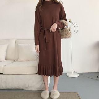 Long-sleeve Mock-neck Knit Midi Dress