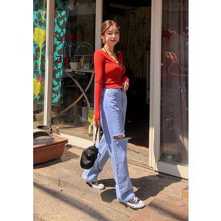 Button-front Long-sleeve Crop Top