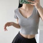 Short-sleeve V-neck Waffle Plain Crop Top