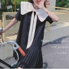 Short-sleeve Collared Pleated Shift Dress