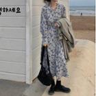 Long-sleeve Flower Print Midi A-line Dress A153 - Blue Flower Printed - White - One Size