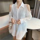 Long-sleeve Cold-shoulder Mesh Shirt