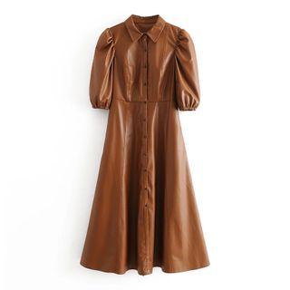 Puff-sleeve Midi A-line Faux Leather Shirtdress