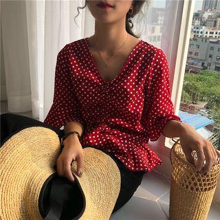 V-neck Dot Print Ruched Cropped Top Red - One Size