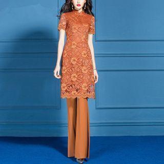 Set: Short-sleeve Mandarin Collar Lace Dress + Boot Cut Pants