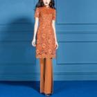 Set: Short-sleeve Mandarin Collar Lace Dress + Boot Cut Pants