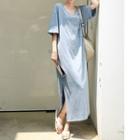 Plain Elbow Sleeve Side Slit T-shirt Dress