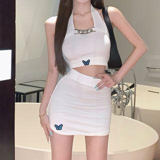 Set: Halter Chained Crop Top + Mini Skirt