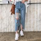 Cutout Distressed Washed Wide-leg Jeans