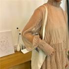 Sheer Panel Long-sleeve Tiered Midi Dress
