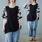 Short-sleeve Flower Print Loose-fit Top Black & White - One Size