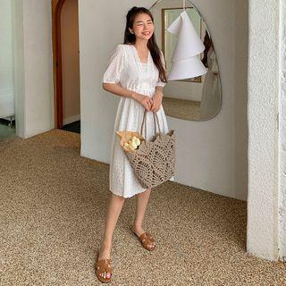 Drawstring-waist Eyelet-laced Dress Ivory - One Size