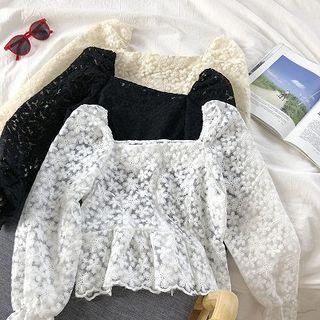 Plain Square-neck Long-sleeve Lace Blouse