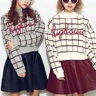 Mock-neck Letter-embroidered Check Pullover