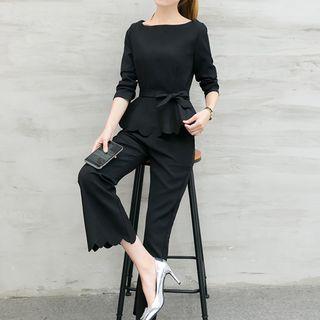 Set: Scallop Hem Long Sleeve Top + Boot Cut Pants