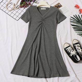 Plain Short-sleeve Shirred V-neck Mini A-line Dress