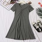 Plain Short-sleeve Shirred V-neck Mini A-line Dress