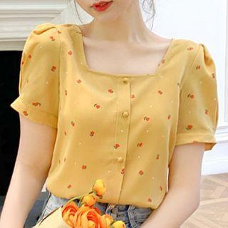 Square Collar Short-sleeve Floral Chiffon Top